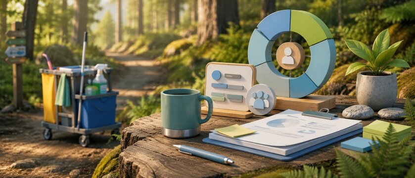 Sustainability analytics workspace on tree stump in forest