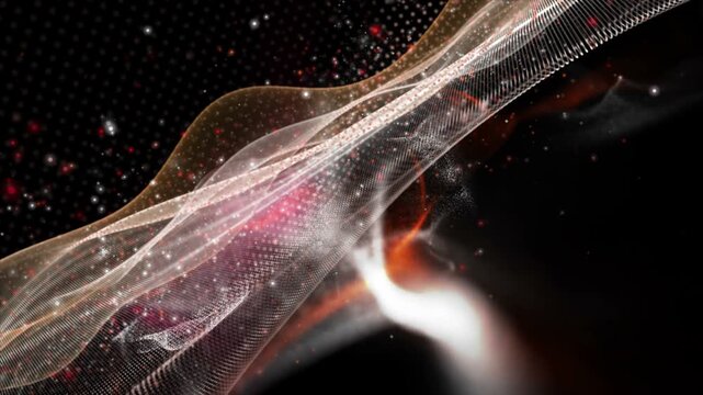 Futuristic video animation with wave object and glitter particles in slow motion, 4096x2304 loop 4K