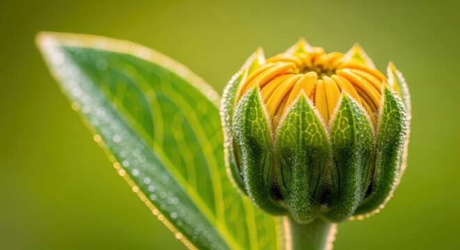 Close-up macro shot of green sepals cradling a bright flower bud in the morning light, showing intricate veins and natural organic textures, garden, environment, bloom