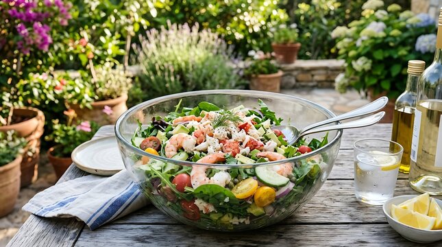 Fresh Seafood Salad with Shrimp and Lobster in a Lush Garden Setting