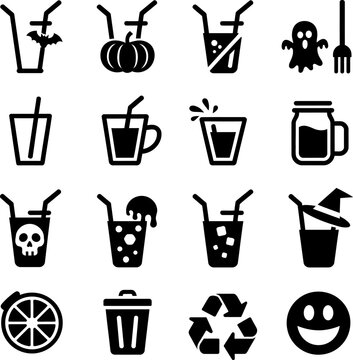Halloween themed drink icons featuring ghosts skeletons and pumpkins with recycling and beverage symbols