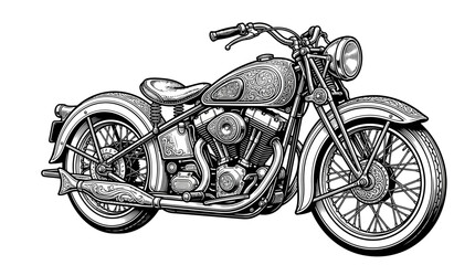 Vintage cruiser motorcycle black and white line art. © Agung