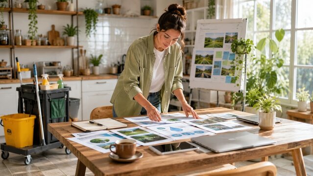 Woman reviewing printed layouts at table in bright home office