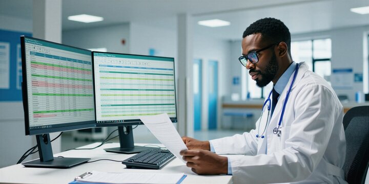 African male doctor works at hospital office desk. Focused medical pro reviews patient billing records on dual computer screens. Health care analyst examines clinical data documents for insurance