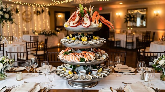 Luxurious Multi-Tiered Seafood Tower at a Wedding Reception Banquet