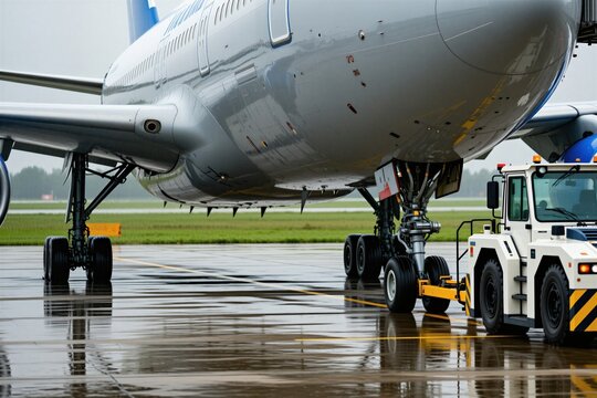 Widebody airplane on pushback operation at wet airport tarmac during rain. Heavy duty tow tractor maneuvers commercial jet fuselage using landing gear assembly. Ground support staff manage airline