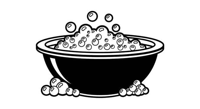 Vector illustration of black and white illustration of a bowl filled with soapy bubbles on a transparent background