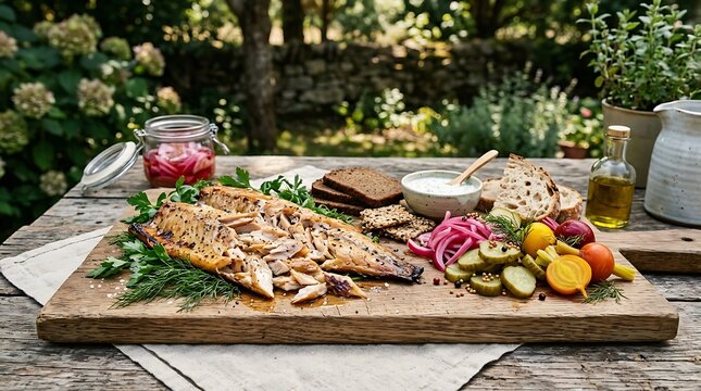 Smoked Mackerel Platter with Pickles and Bread in a Garden Setting