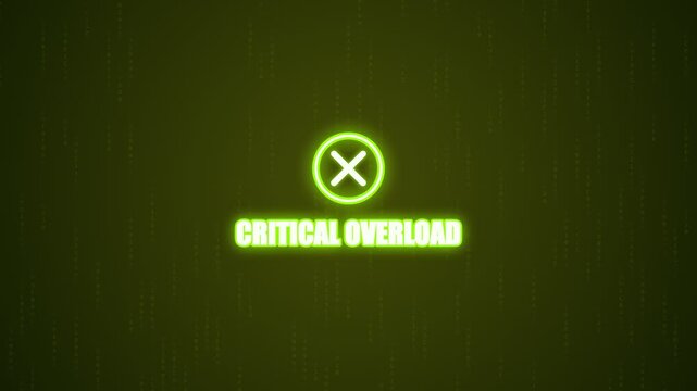 Critical overload text with neon glowing cross icon for digital system error