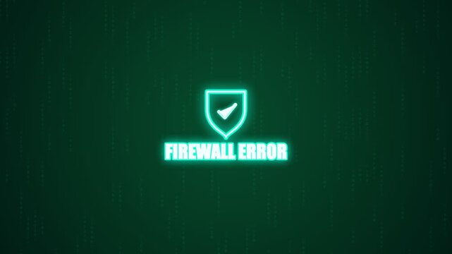 Firewall error neon glowing shield icon with digital matrix code animation