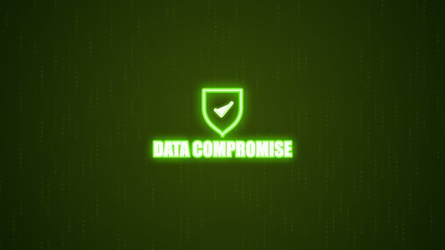 Data compromise neon shield icon with glowing text on a digital matrix background