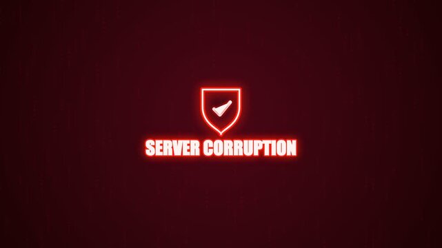 Server corruption text with a glowing red shield icon and glitch effect