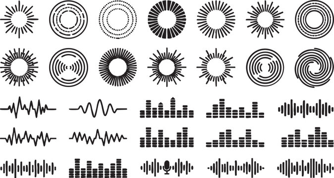 Vector sound wave and solar burst graphic design elements for music and audio visual effects in modern digital illustration style