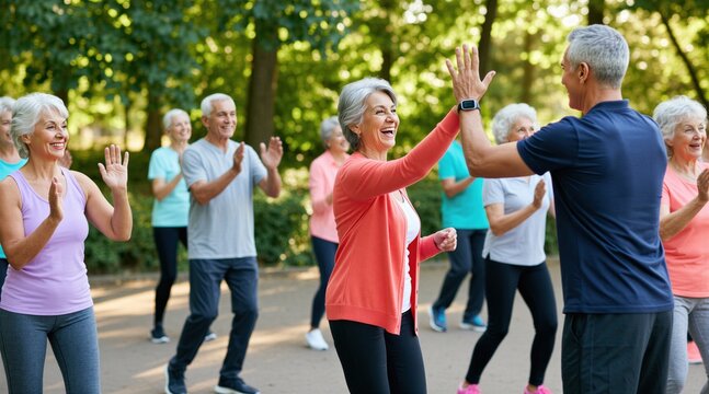 Mature group performs outdoor fitness exercises with trainer in park. Senior people enjoy active lifestyle training together during morning class. Happy elderly woman gives high five to male