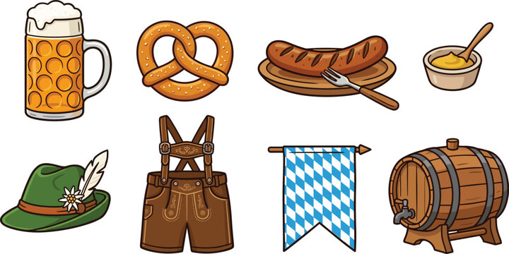 Traditional Oktoberfest Bavarian Icon Set with Detailed German Beer Mug, Pretzel, Grilled Sausage, Lederhosen, Hat, and Wooden Barrel Vector