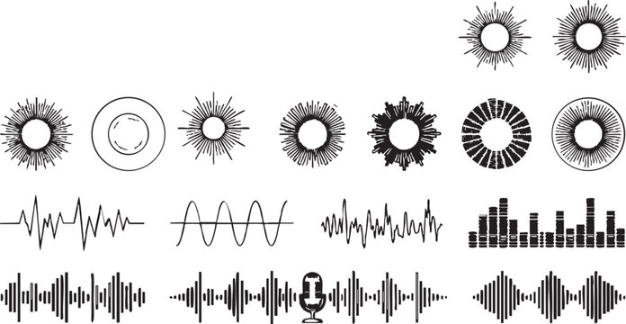 Vector sound wave and audio effect icons set with sunburst designs and equalizer graphics for music and podcast use on digital platforms and multimedia applications