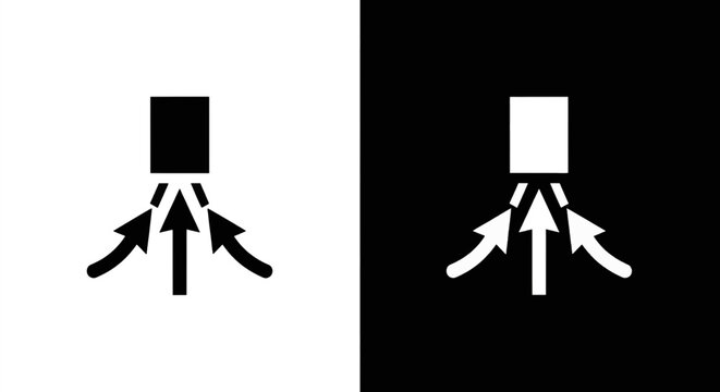 Vector illustration of abstract icon of three arrows pointing towards a central rectangular shape on a transparent background