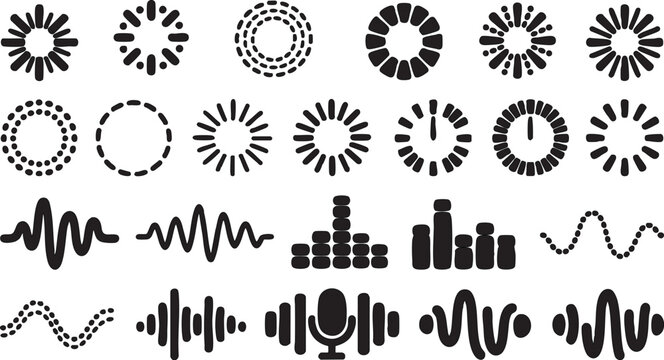 Black sound wave and audio waveform vector graphic illustrations with microphone and equalizer elements on white background for music and podcast designs