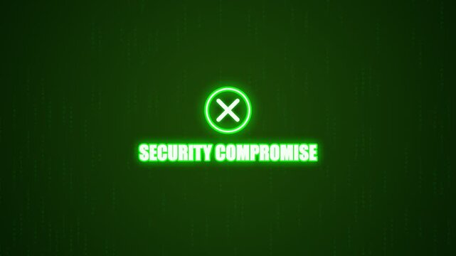 Security compromise text with neon glowing warning sign on digital screen