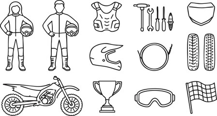 Motorcycle racing vector illustration set with riders, helmets and accessories for graphic design © Ajoy
