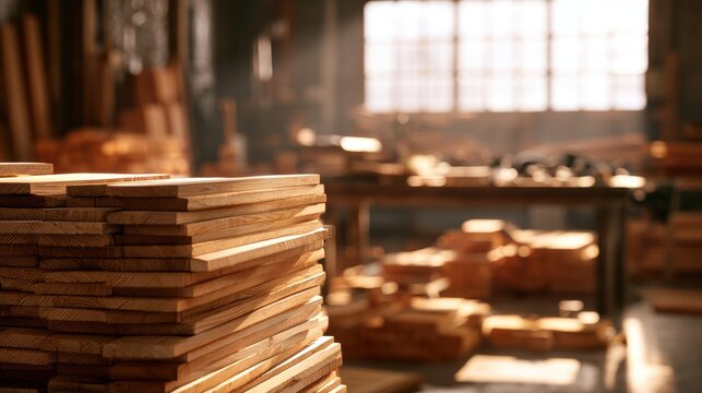 A stack of cut pine boards in a sunlit carpentry workshop. Perfect for woodworking and home.