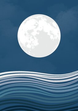 Minimal Moon Over Ocean Waves, Modern Coastal Night Landscape Background