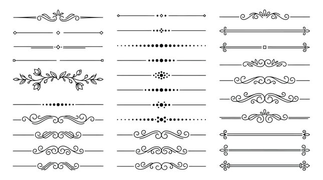 Vintage decorative dividers and ornamental line borders, set of 24 elegant flourish vector elements, black filigree page separators for wedding stationery