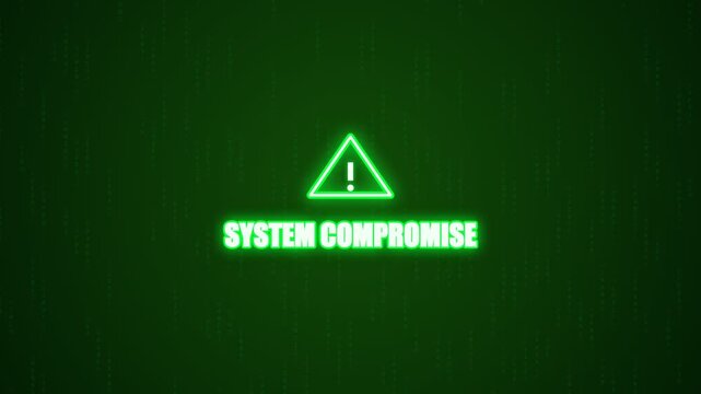 System compromise warning sign with neon green glowing text and alert icon