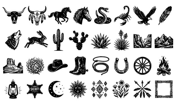 Mystic Western Linocut Collection with Arizona Desert Wildlife Bull Horse Snake Skull and Engraved Vector Elements