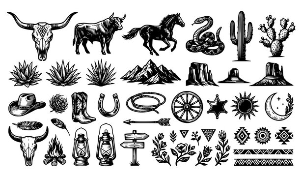 Western Boho Linocut Vector Collection with Texas Desert Cactus Bull Horse Snake Skull and Engraved Wildlife Elements