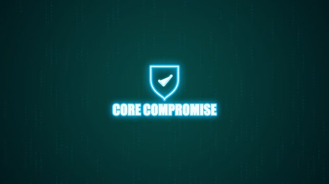 Core compromise text with neon shield icon for cybersecurity and data breach alert