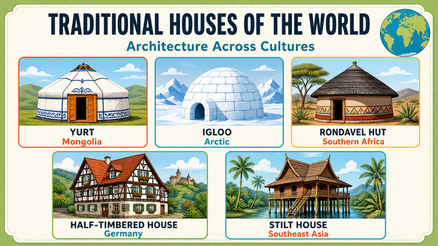 Traditional houses of the world infographic poster with yurt, igloo, rondavel hut, half-timbered and stilt house, vernacular architecture across cultures vector illustration