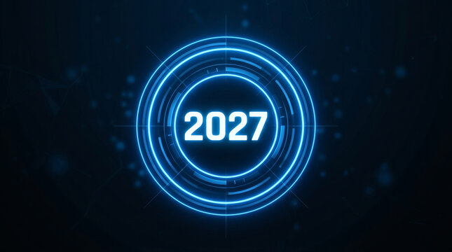 Futuristic 2027 New Year Background with Abstract Glowing Blue Technology Circle Interface