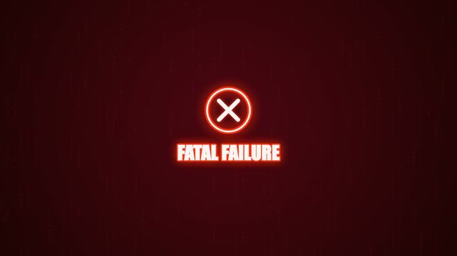 Fatal failure text with glowing red neon cross symbol animation