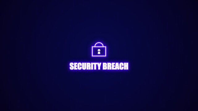 Security breach text with a glowing blue padlock icon for digital protection
