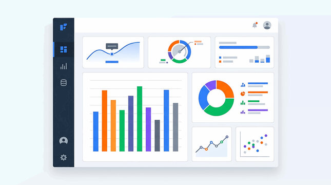 Modern minimalist user interface dashboard vector illustration with various data visualization charts, graphs, and analytic tools for business intelligence and data management