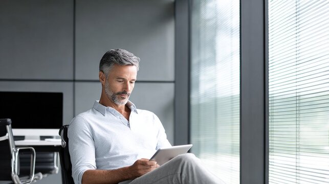 Mature grey-bearded man uses silver tablet in modern office by blinds