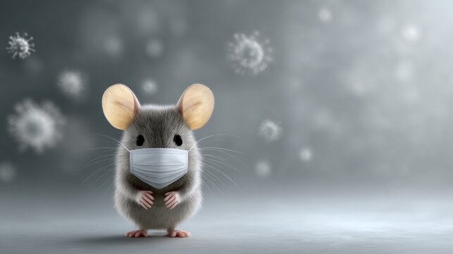Scary mouse wearing medical mask raises its paws, surrounded by flying viruses in grey air