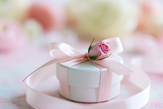 Gentle white gift box with pink ribbon and tiny rose bud sits against a soft pastel background