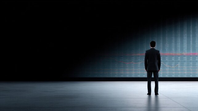 Man in dark suit observes financial data and red line graphs on large illuminated digital screen