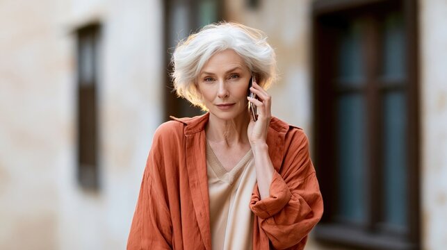 Silver-haired woman in terracotta shirt on phone at golden hour street