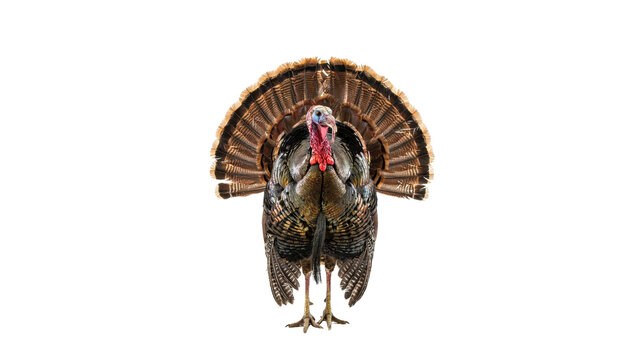 A majestic wild turkey displays its large brown fanned tail feathers with vibrant red wattle skin details on transparent background