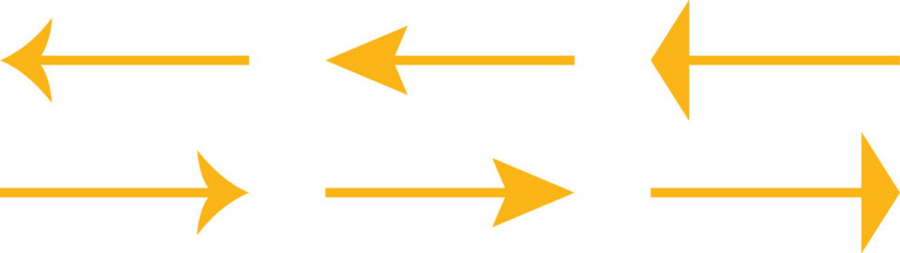 Yellow horizontal arrows sequence set. Vector design elements showing opposite directions for timeline infographics, step by step process, and web divider isolated on white background.