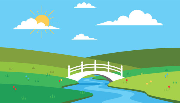 Beautiful country landscape features a white wooden bridge over a winding blue river on sunny hills backdrop.