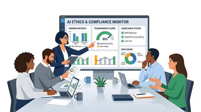 Business team collaborating around a holographic ai ethics and compliance monitor displaying data analytics and risk assessment
