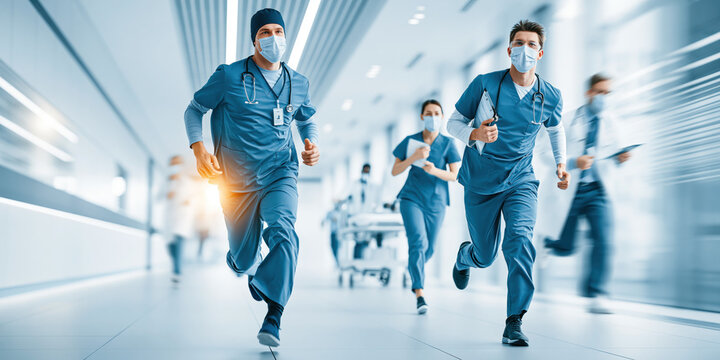 Doctor and Nurse Running Through Hospital Corridor During Medical Emergency