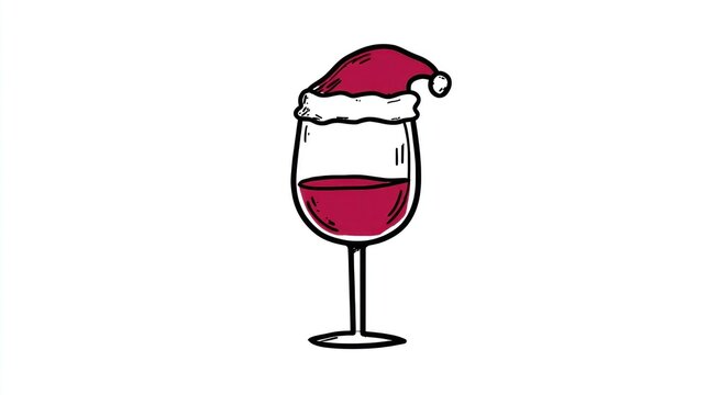 Red wine glass filled with red wine wearing a Santa hat, a festive holiday drawing on white