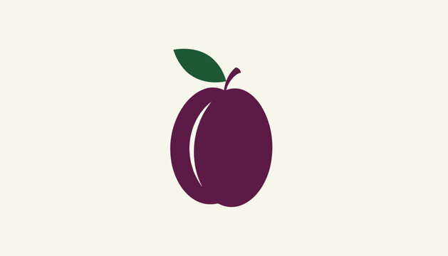 Minimalist vector illustration of a ripe sweet purple plum fruit with a single green leaf on a light background.