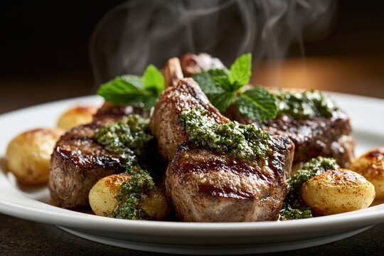 Steaming seared lamb chops, salsa verde, mint, roasted potatoes on a white plate