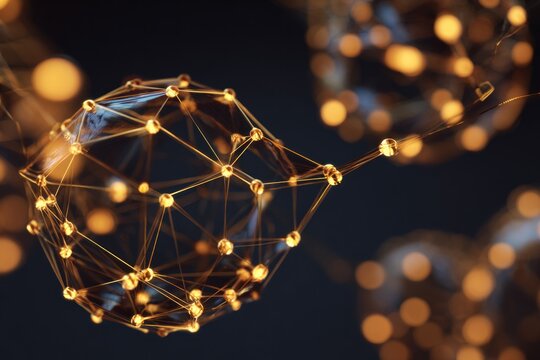 Centered, glowing spherical neural net, luminous filaments, dark